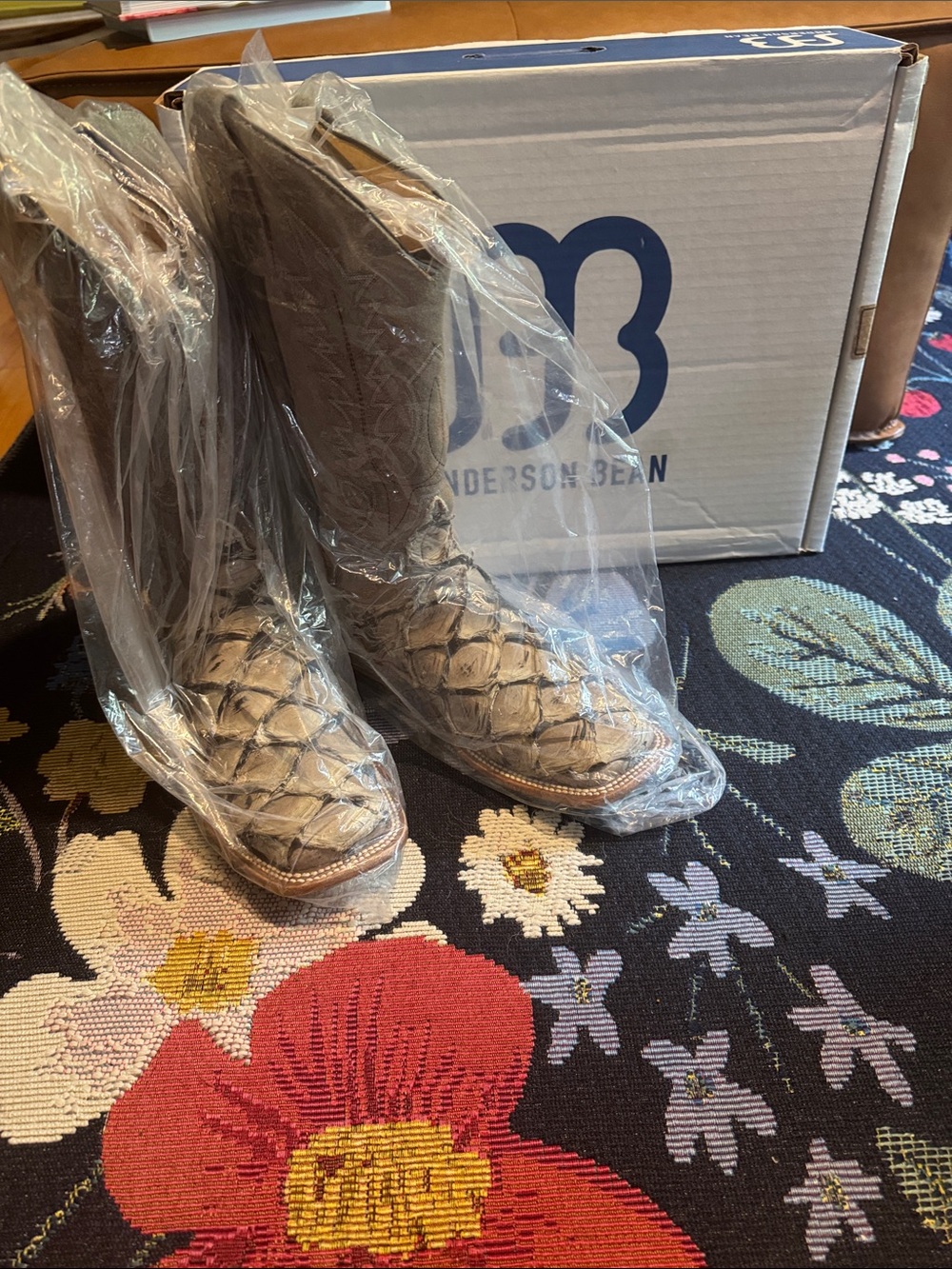 Anderson Bean Big Bass Boots Men's 9C Suede Wide Square Toe Exotic arapaima fish